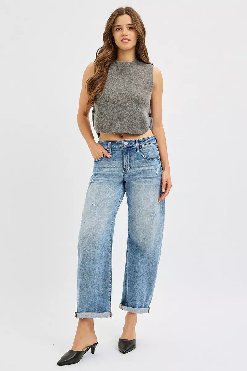 Hazel Blues® | RISEN Slouchy Ankle Length Barrel Jeans with Cuffs