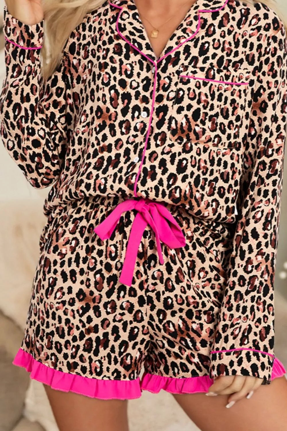 Hazel Blues® | Leopard Print Contrast Trim Long Sleeve Shirt and Drawstring Ruffle Hem Shorts Set