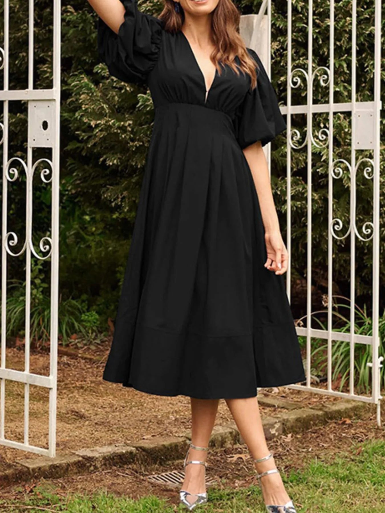 Hazel Blues® | V-Neck Puff Sleeve Midi Dress
