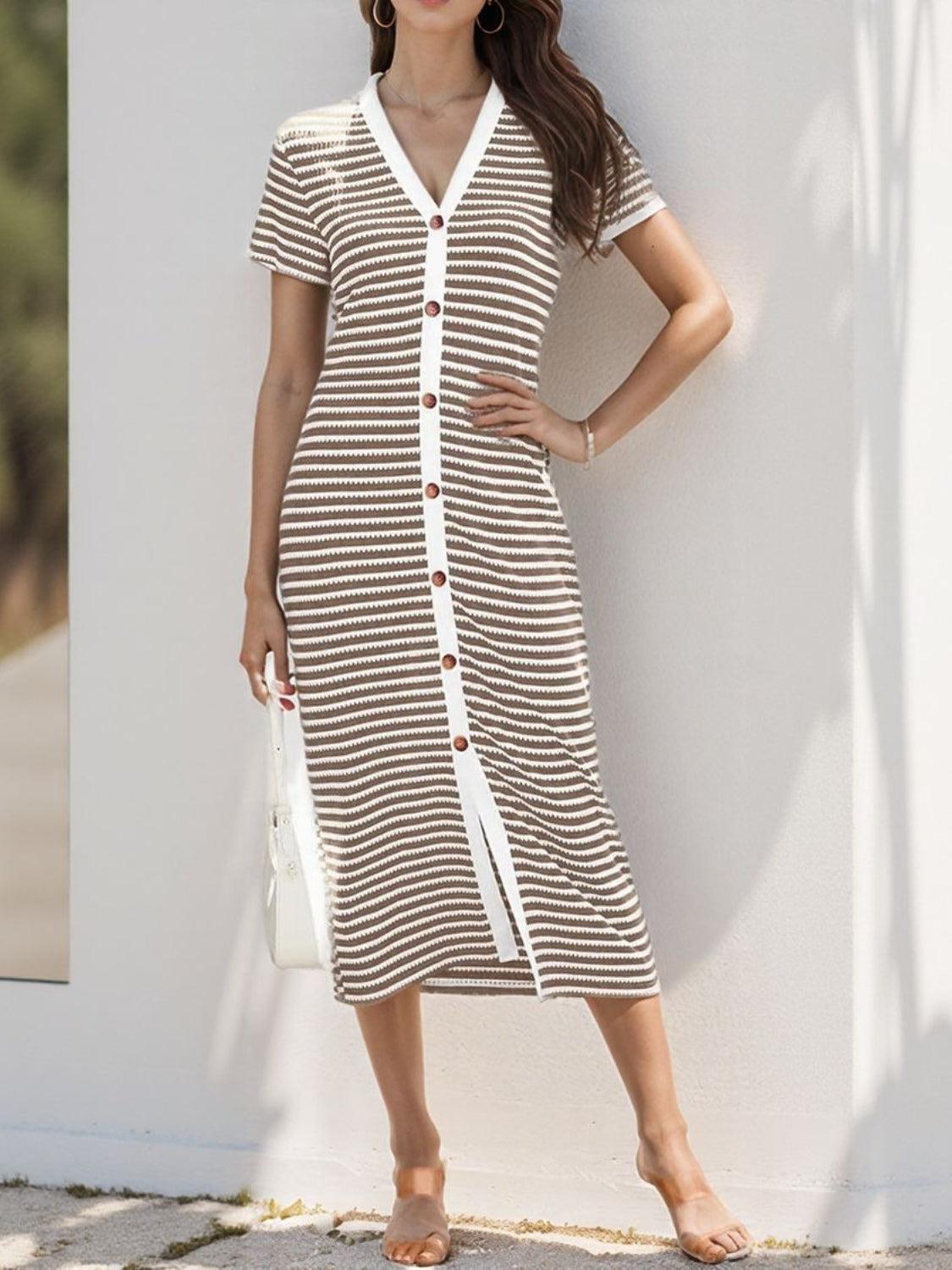Hazel Blues® | Contrast Striped V-Neck Short Sleeve Midi Dress