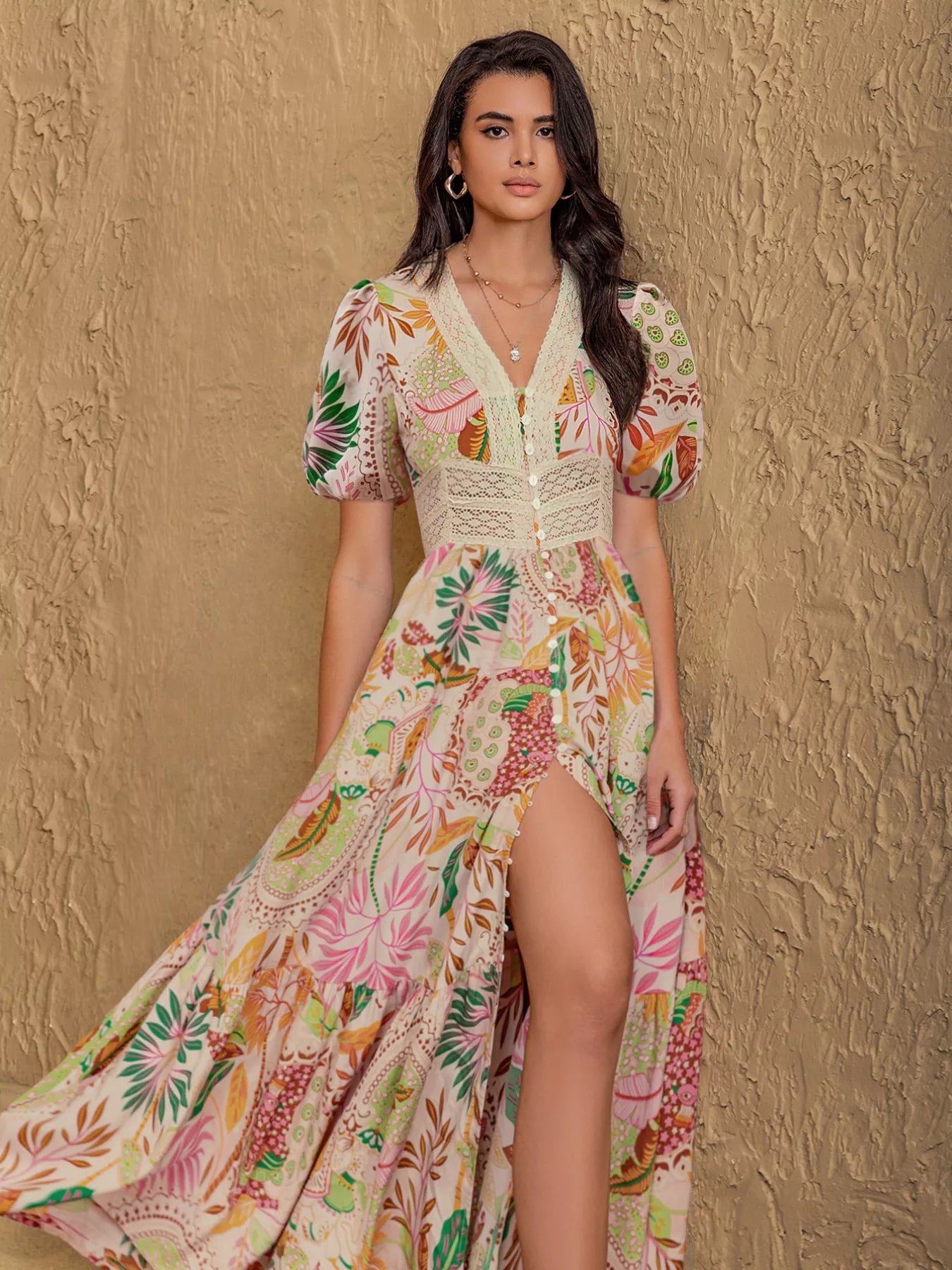 Hazel Blues® | Lace Trim Floral Print Puff Sleeve Dress