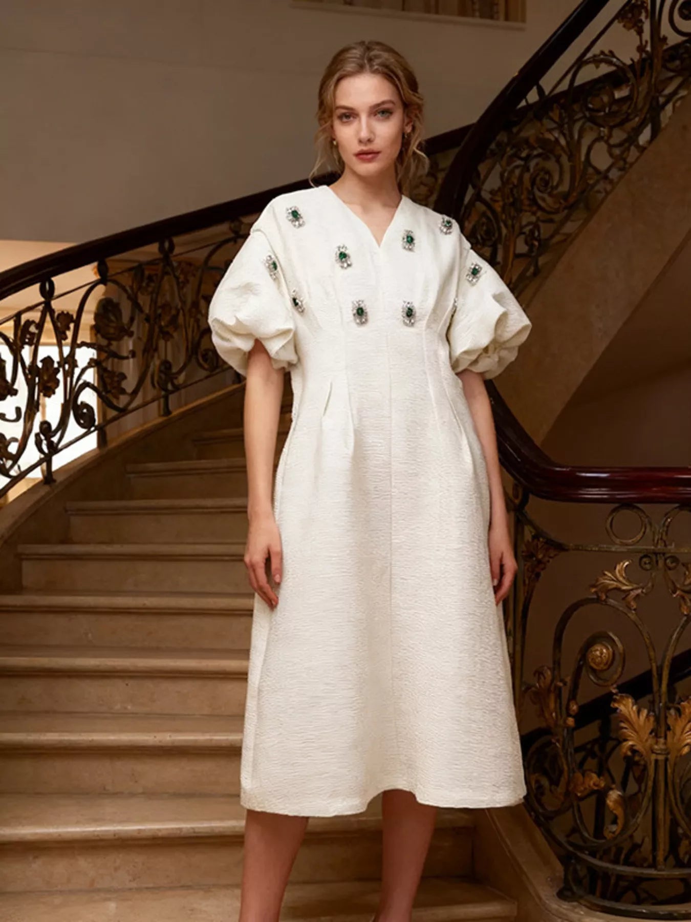 Hazel Blues® | Embellished Puff Sleeve Midi Dress