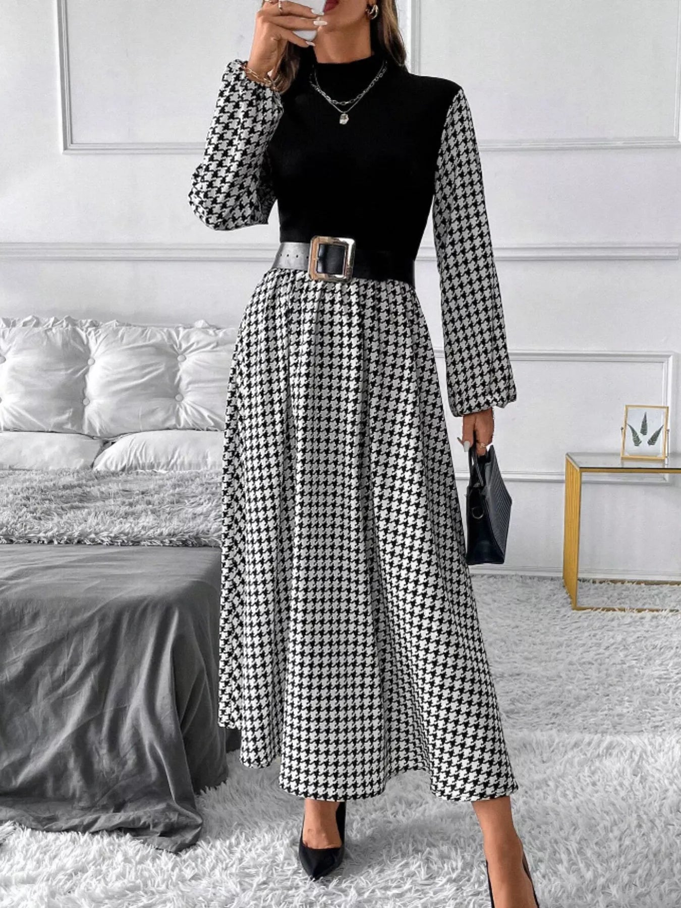 Hazel Blues® | Houndstooth Mock Neck A-Line Dress