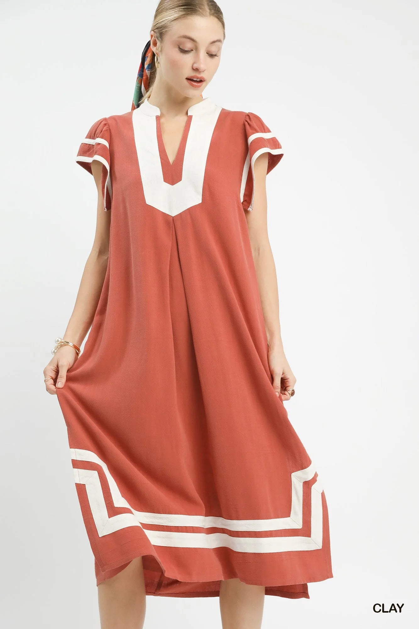 Hazel Blues® | Umgee Linen Cotton Contrast Neckline Midi Dress
