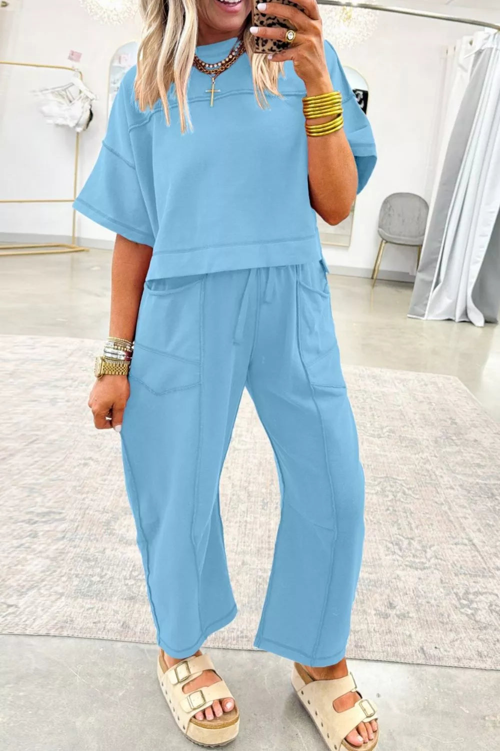 Hazel Blues® | Drop Shoulder Boxy Tee and Barrel Pants Set