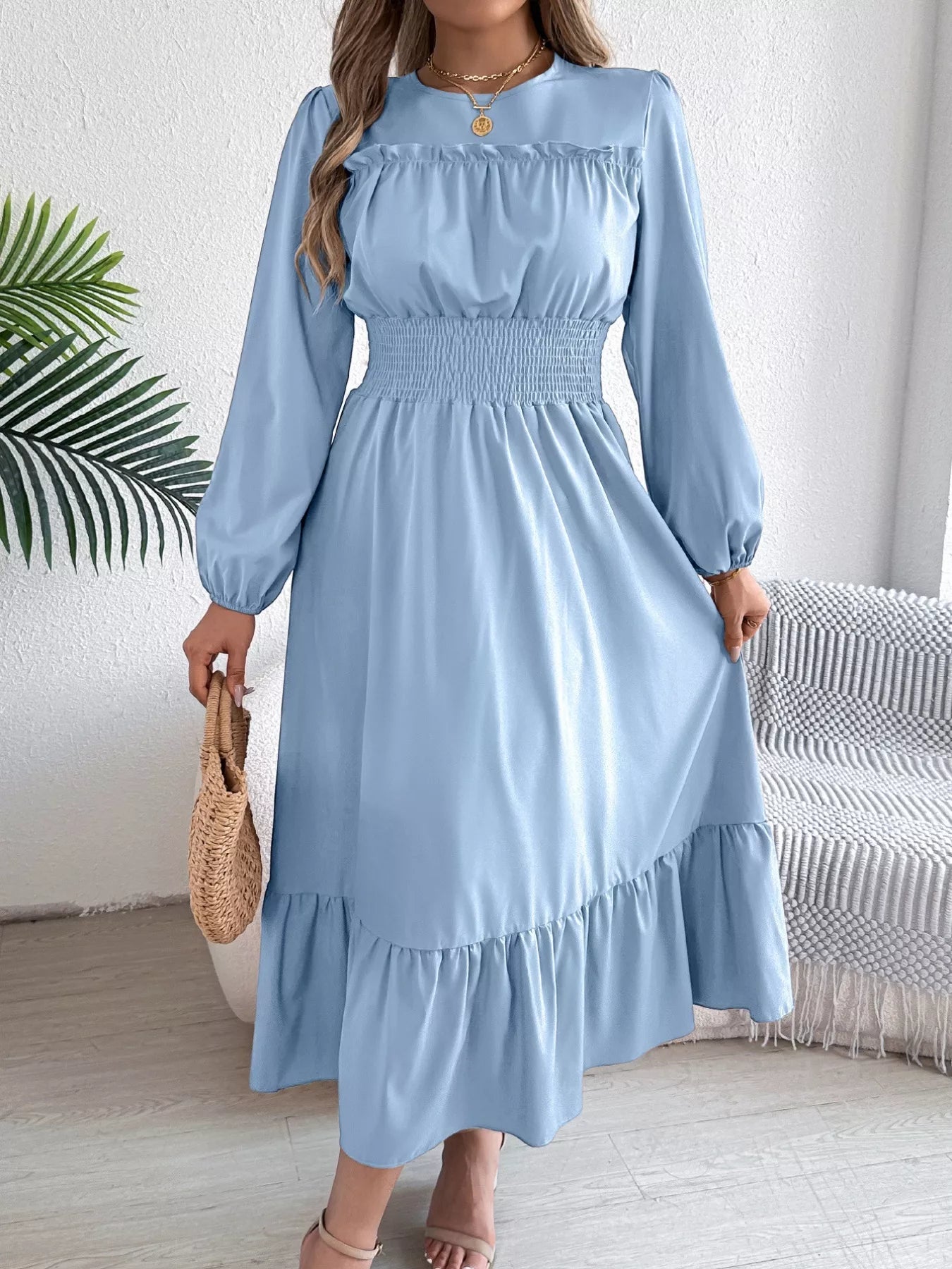 Hazel Blues® | Round Neck Balloon Sleeve Tiered Dress