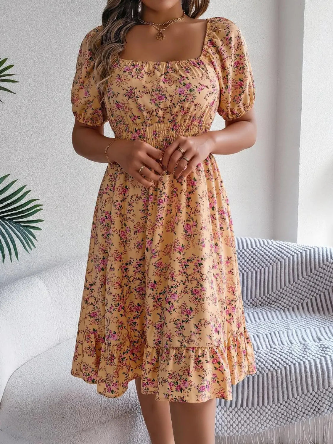 Hazel Blues® | Ruffled Hem Floral Puff Sleeve Dress