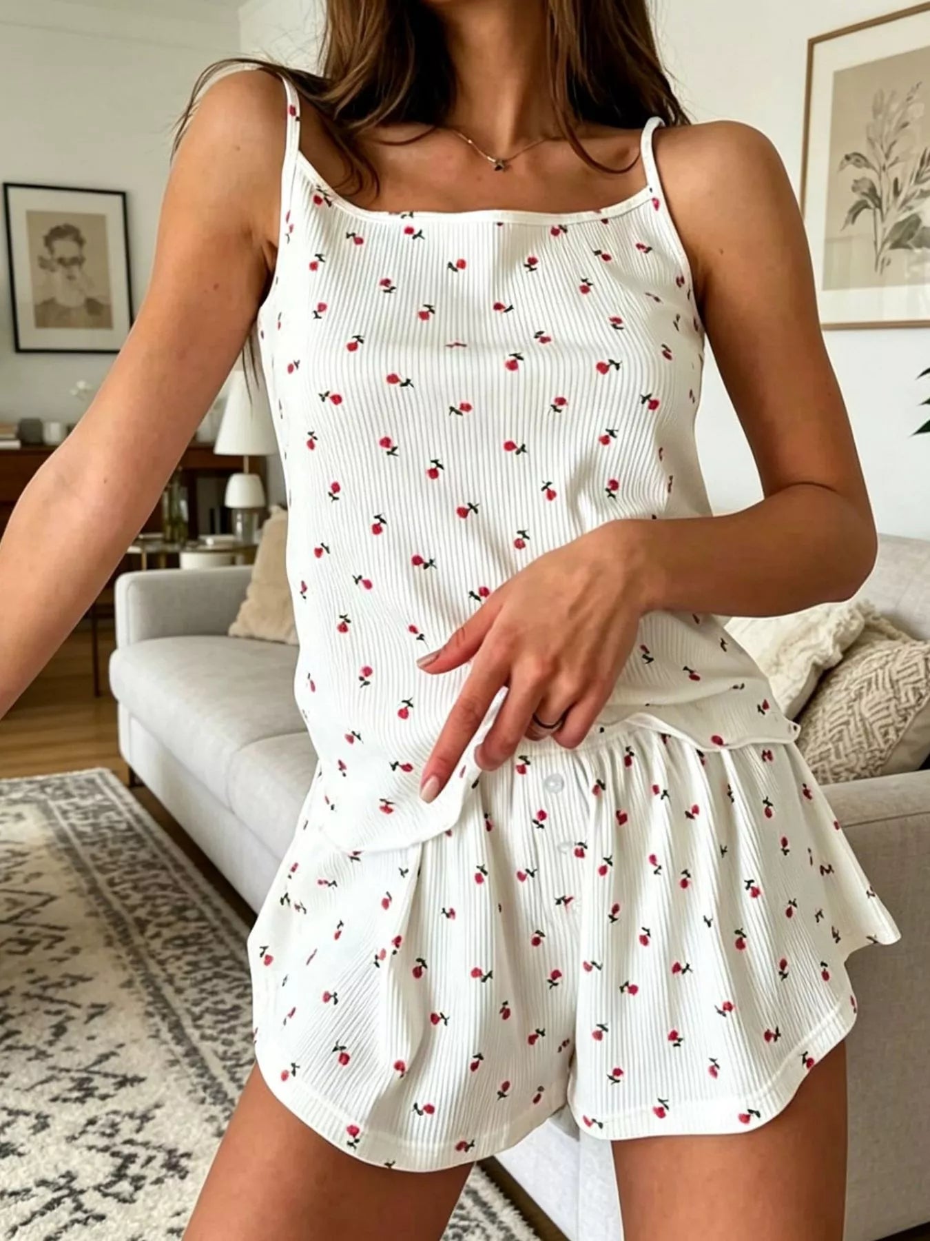 Hazel Blues® | Floral Print Ribbed Knit Cami and Shorts Lounge Set