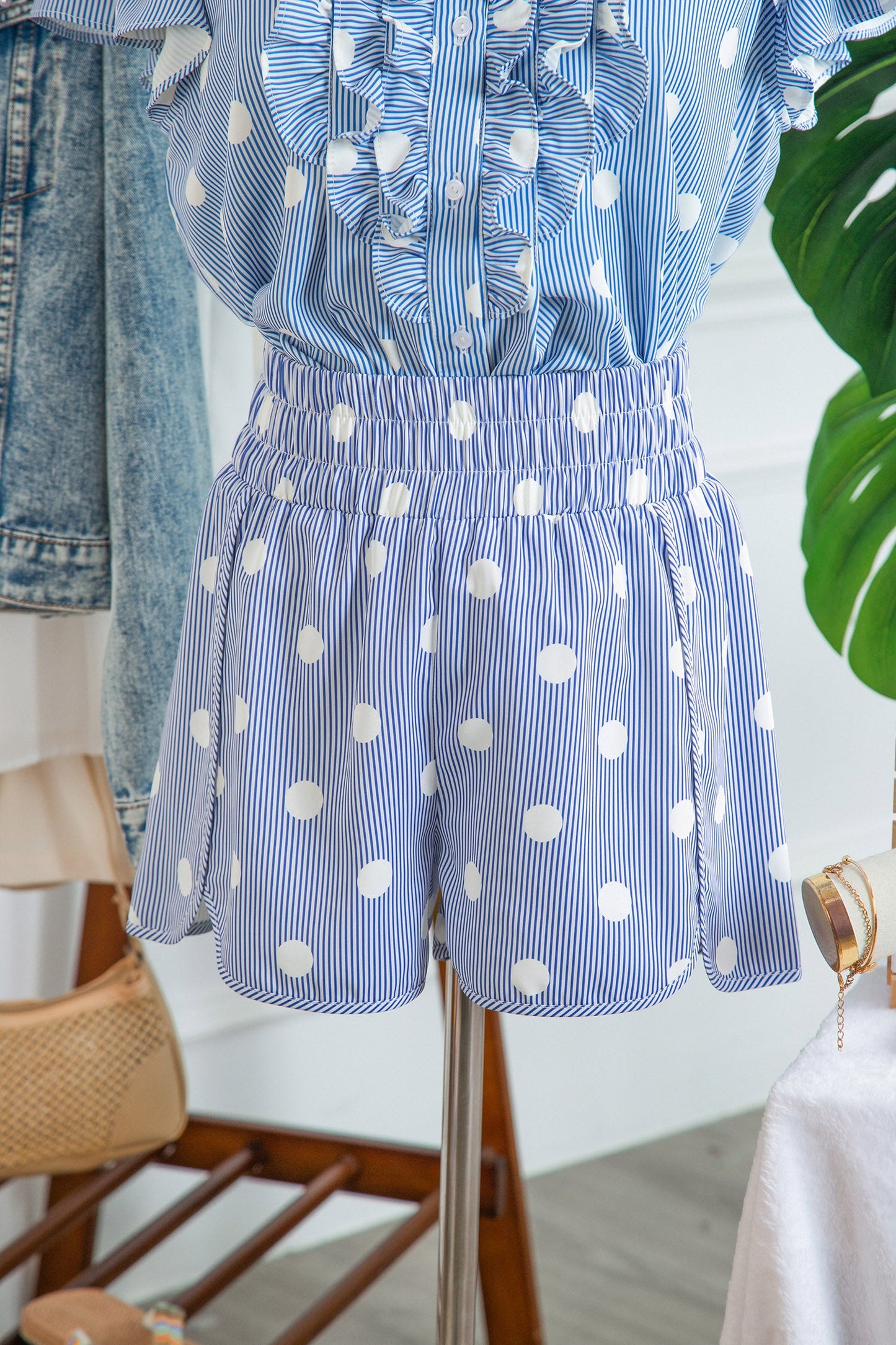 Hazel Blues® | Apricot Polka Dot Print Shirred High Waist Casual Shorts