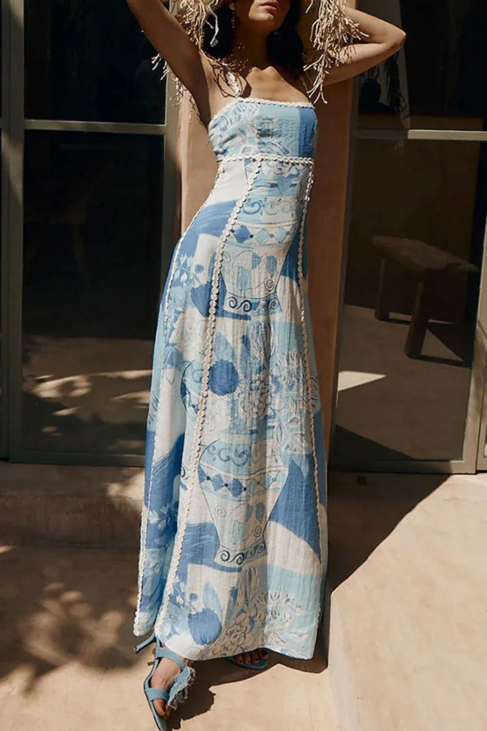 Hazel Blues® | Cutout Back Printed Square Neck Maxi Dress