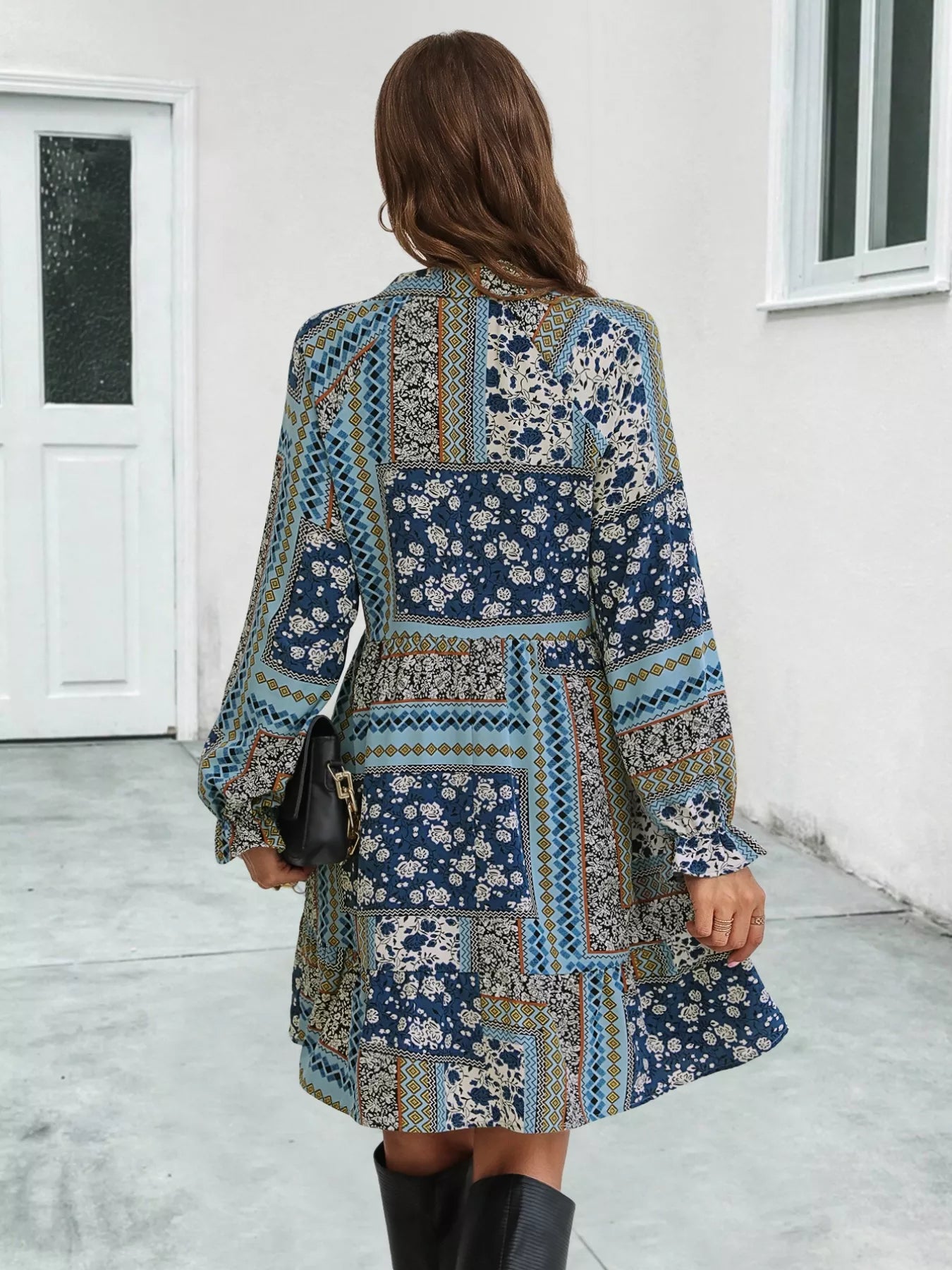 Hazel Blues® | Boho Floral Print Long Sleeve Mini Dress