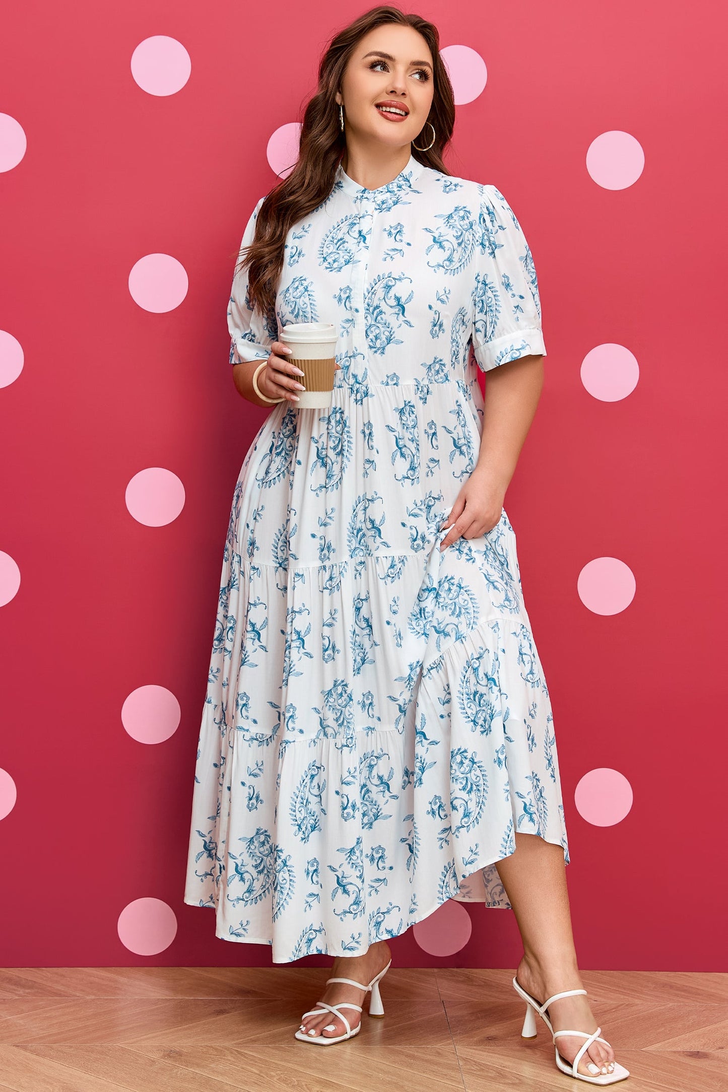 Hazel Blues® | Sky Blue Geometric Floral Print Button Split Neck Short Sleeve Maxi Dress