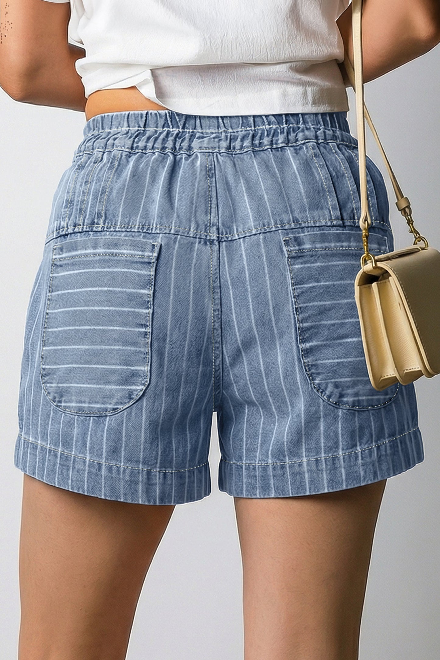 Hazel Blues® | Sky Blue Stripe Drawstring Button Pleated High Waist Denim Shorts