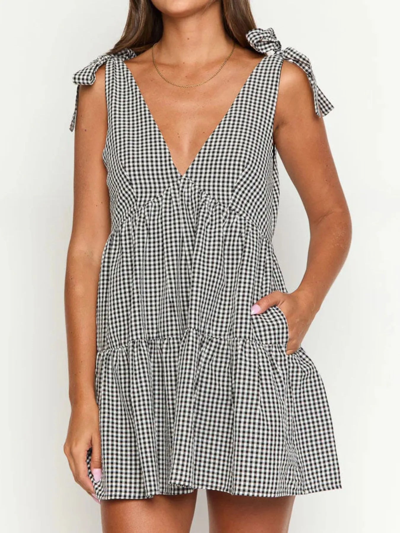 Hazel Blues® | Gingham Tie Shoulder Mini Dress
