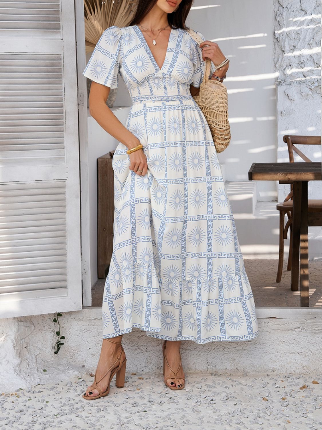 Hazel Blues® | Devine Smocked Printed V-Neck Short Sleeve Maxi Dress