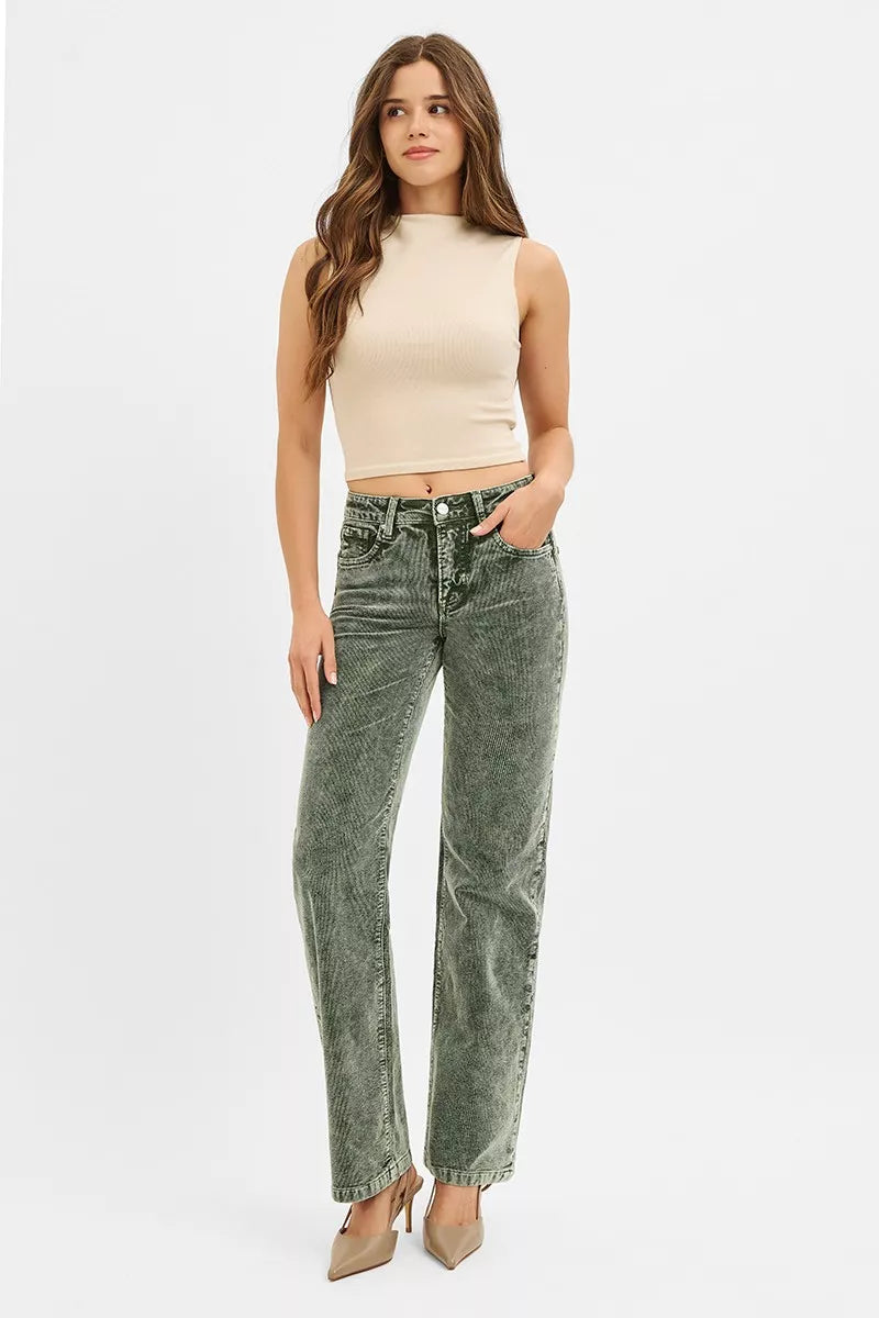 Hazel Blues® | RISEN Tummy Control Mid Rise Straight Leg Corduroy Pants