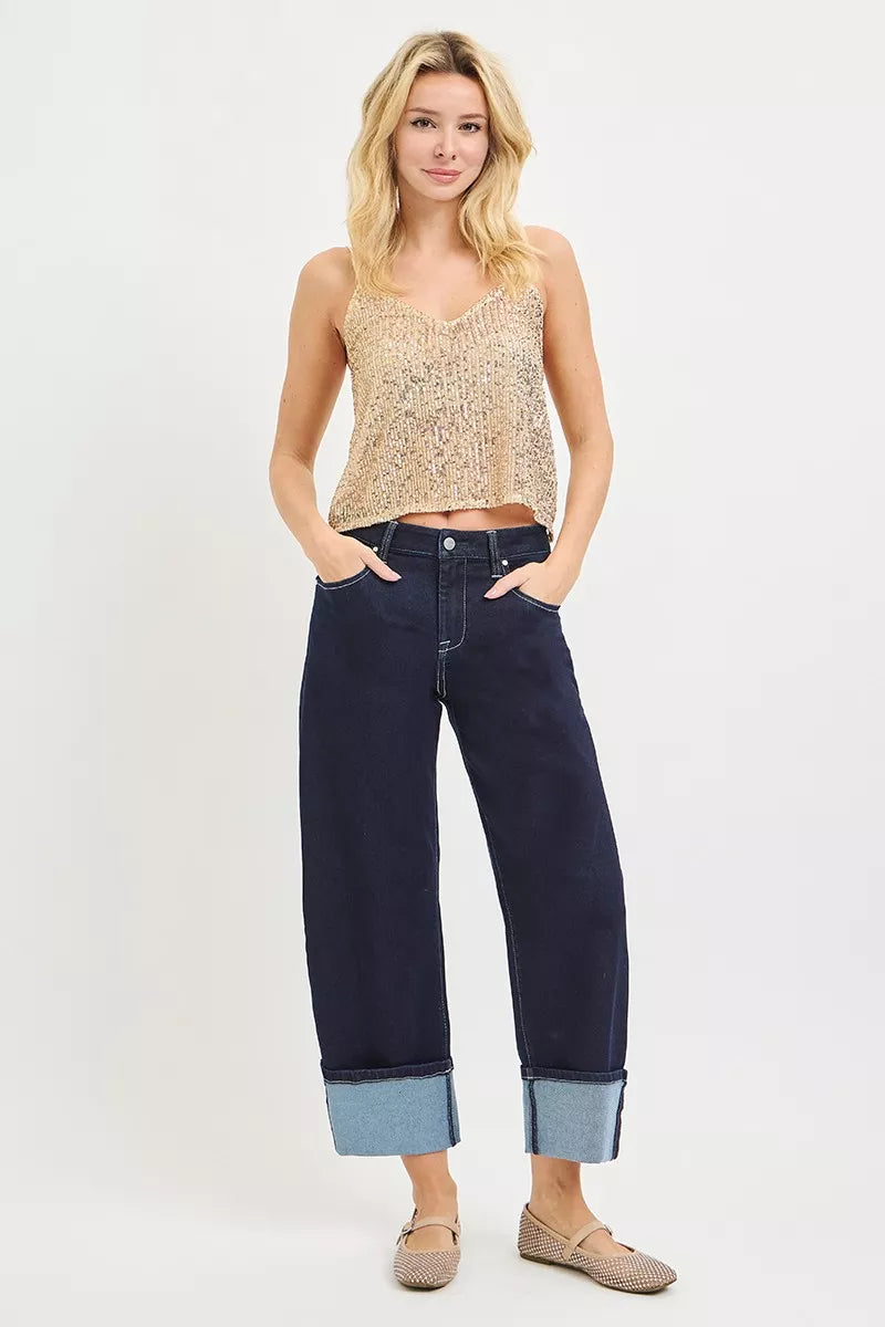 Hazel Blues® | RISEN Slouchy Crop Barrel Cuffed Hem Jeans