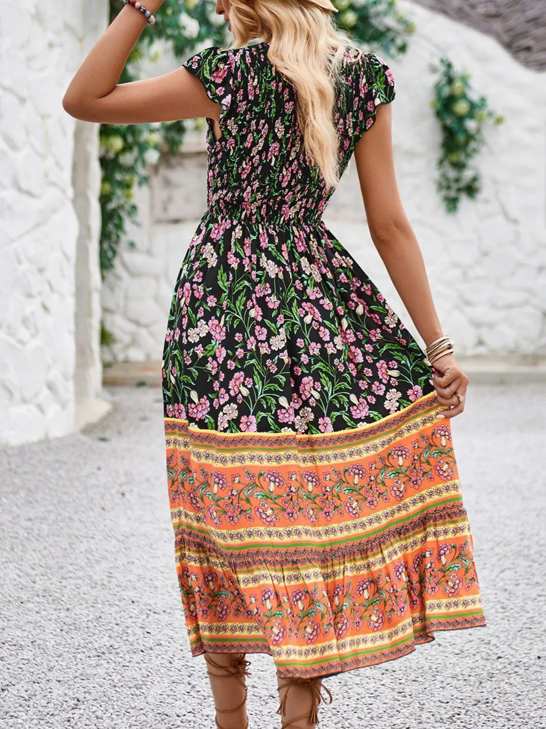 Hazel Blues® | Printed Round Neck Cap Sleeve Dress