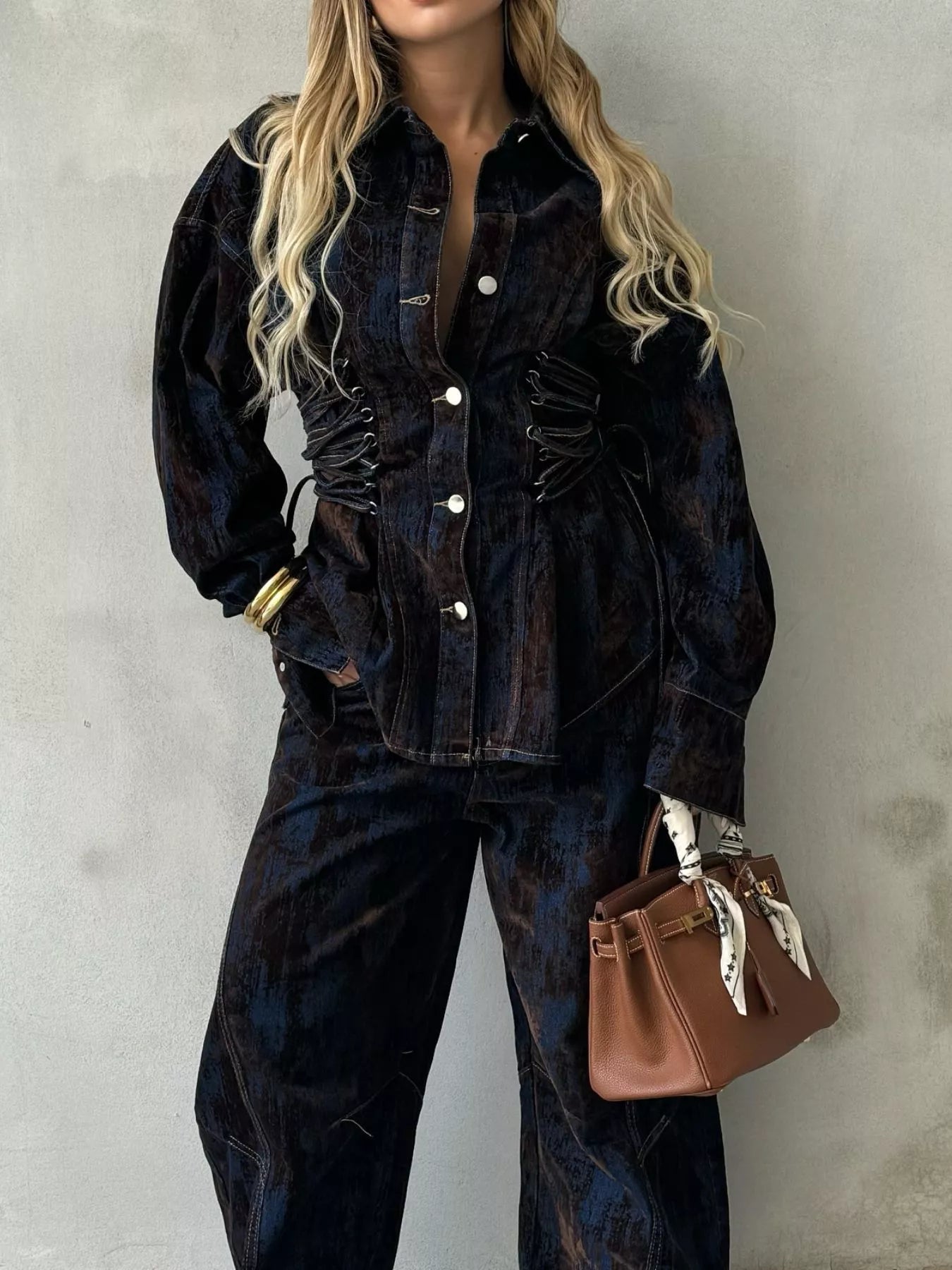 Hazel Blues® | Lace Up Button Up Jacket and Jeans Denim Set