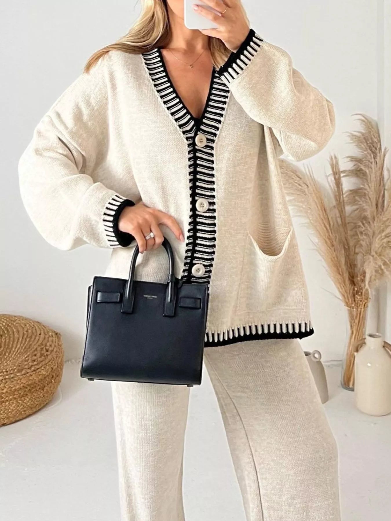 Hazel Blues® | Button Up V-Neck Cardigan and Pants Sweater Set