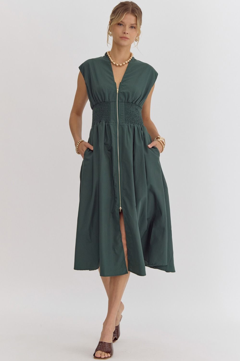 Hazel Blues® | Solid V-Neck Sleeveless Dual Zipper Midi Dress in Hunter