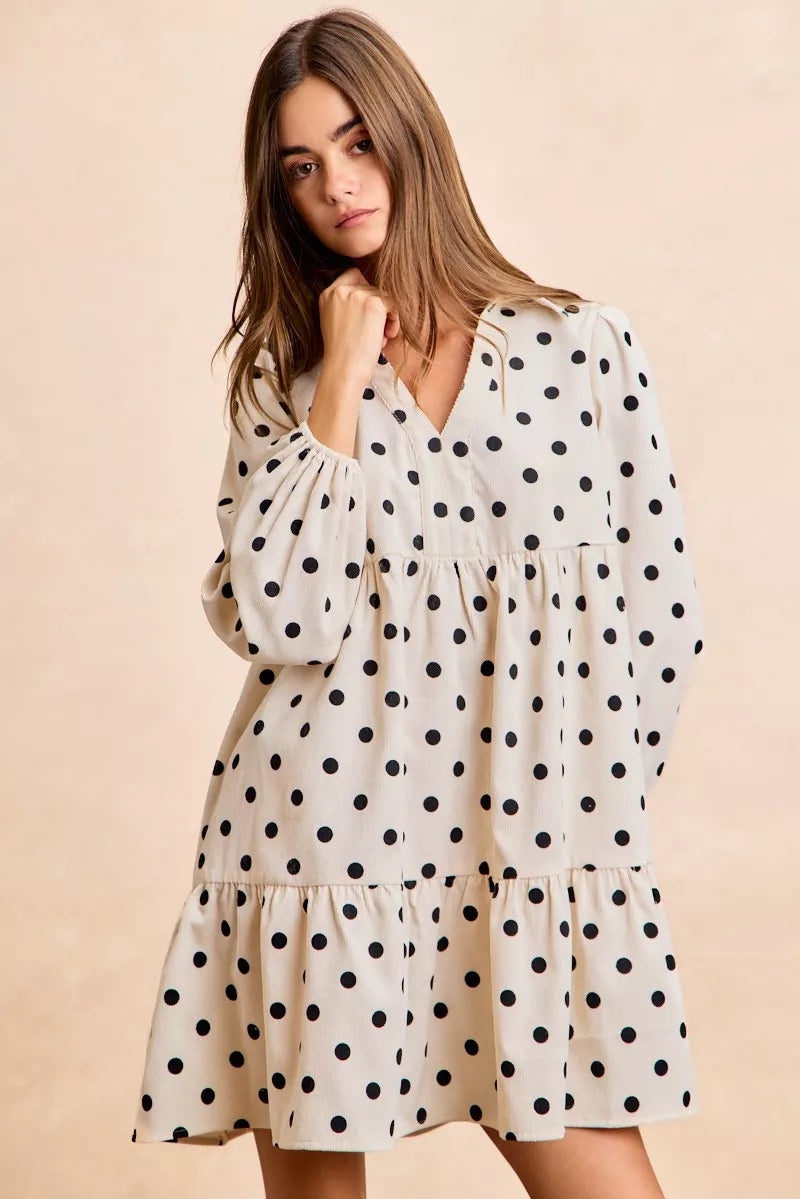 Hazel Blues® | BiBi Polka Dot Corduroy Collared V Neck Dress