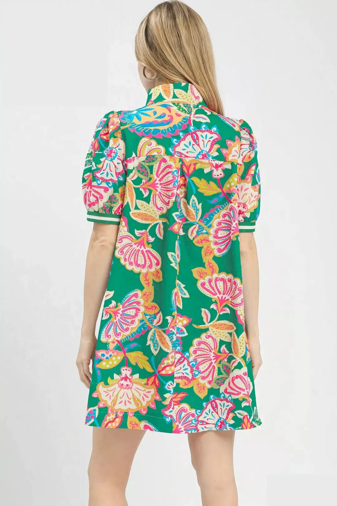 Hazel Blues® | Umgee Jacquard Paisley Print Puff Sleeve Tunic Dress