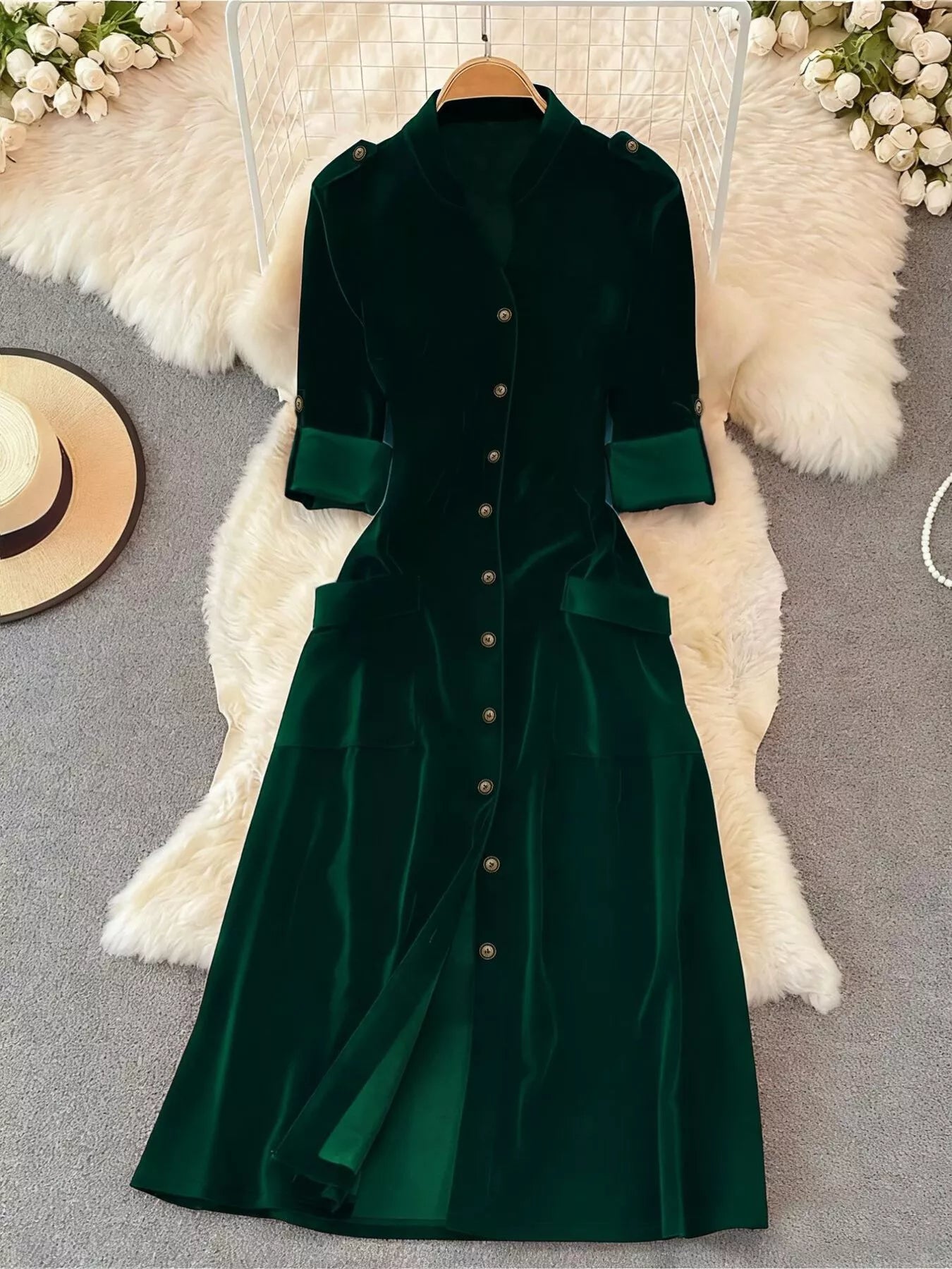 Hazel Blues® | Velvet Button-Down Midi Dress