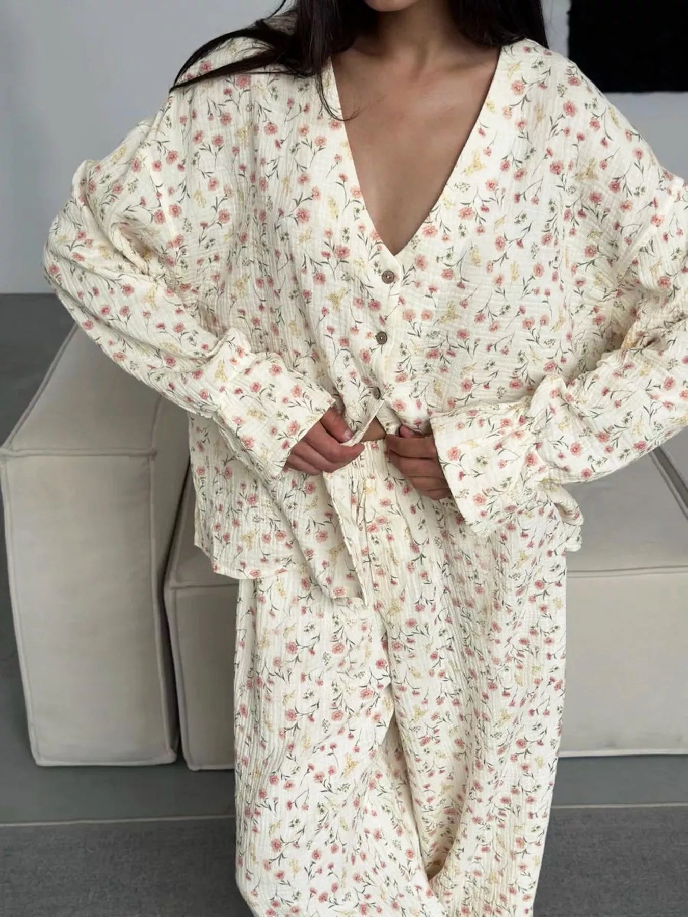 Hazel Blues® | Floral Print Button-Down Top and Pants Lounge Set