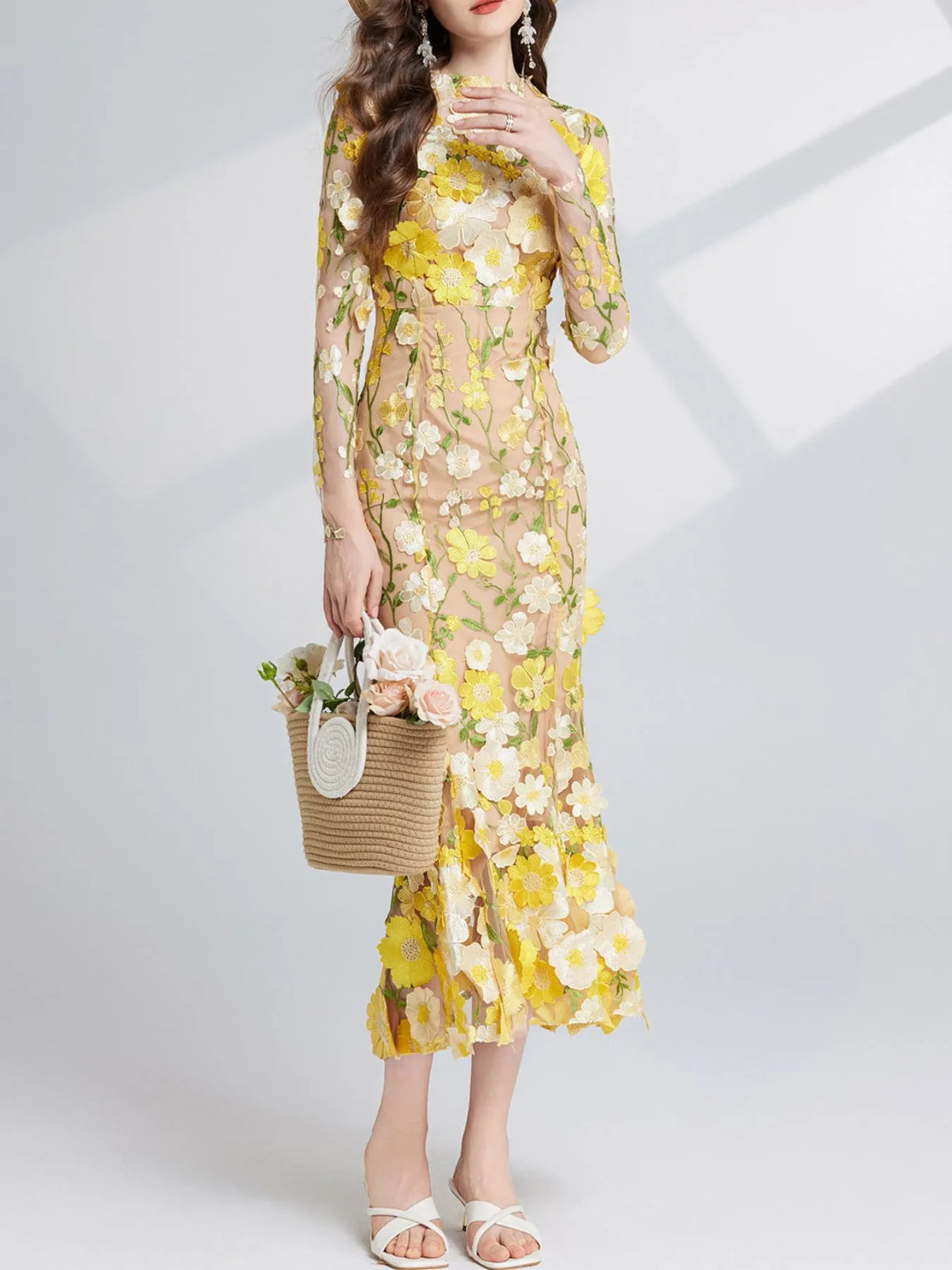 Hazel Blues® | Floral Embroidered Mesh Long Sleeve Midi Dress