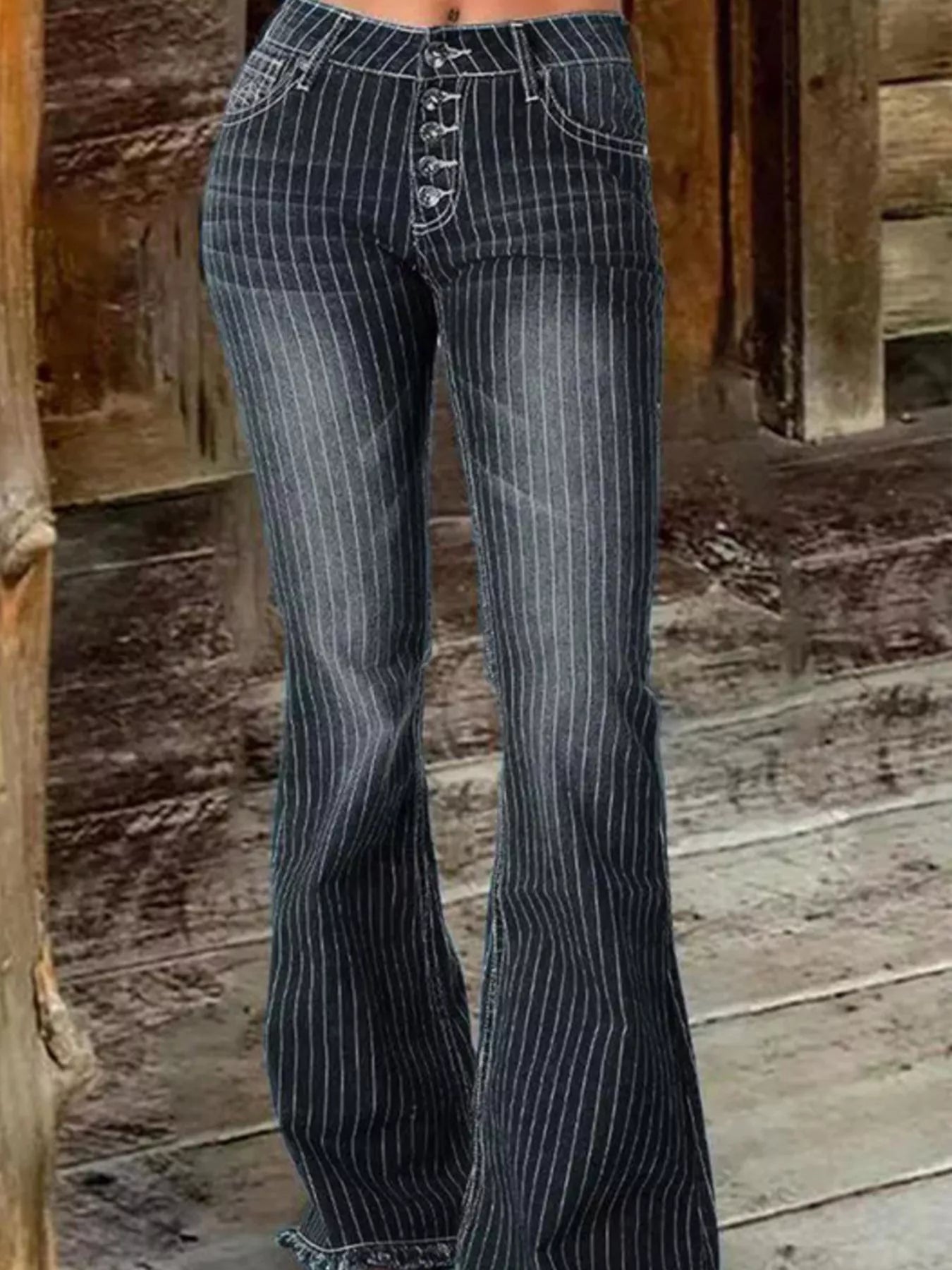 Hazel Blues® | Striped Button Fly Flare Jeans