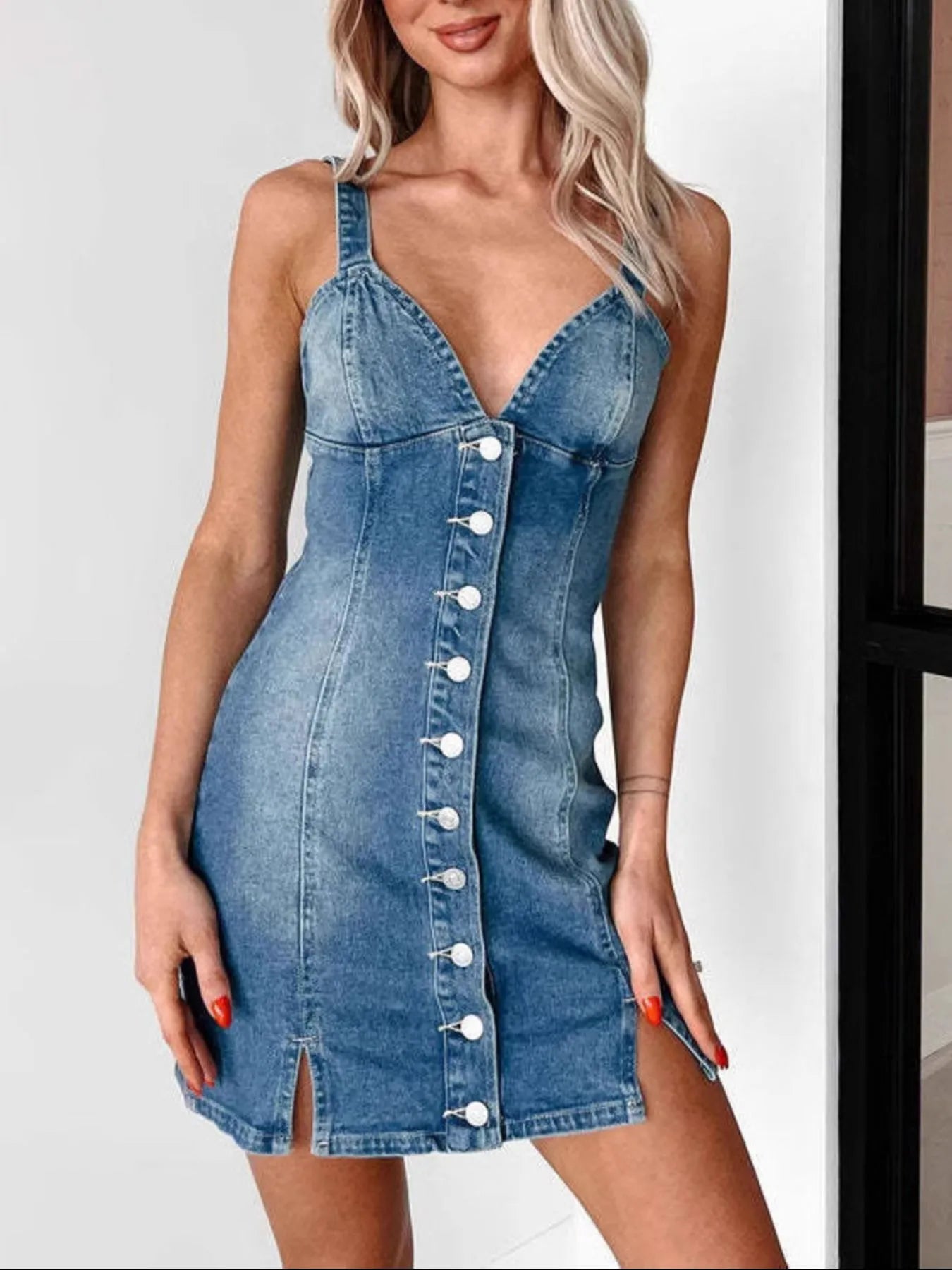 Hazel Blues® | Button Front Sweetheart Neck Denim Mini Dress