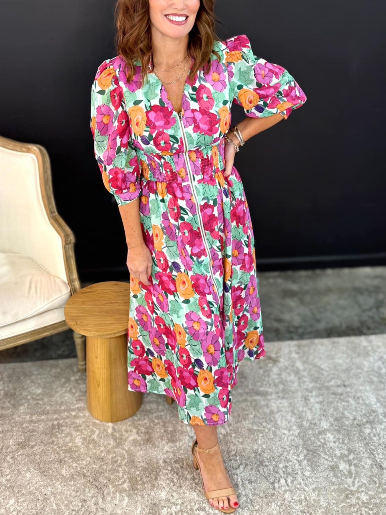 Hazel Blues® | Vibrant Floral Print V Neck Zip Up Puffy Half Sleeve Dress