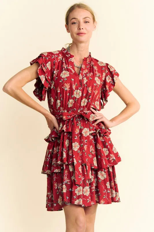 Hazel Blues® | Davi & Dani Ruffle Flutter Sleeve Tie Belt Tiered Mini Dress