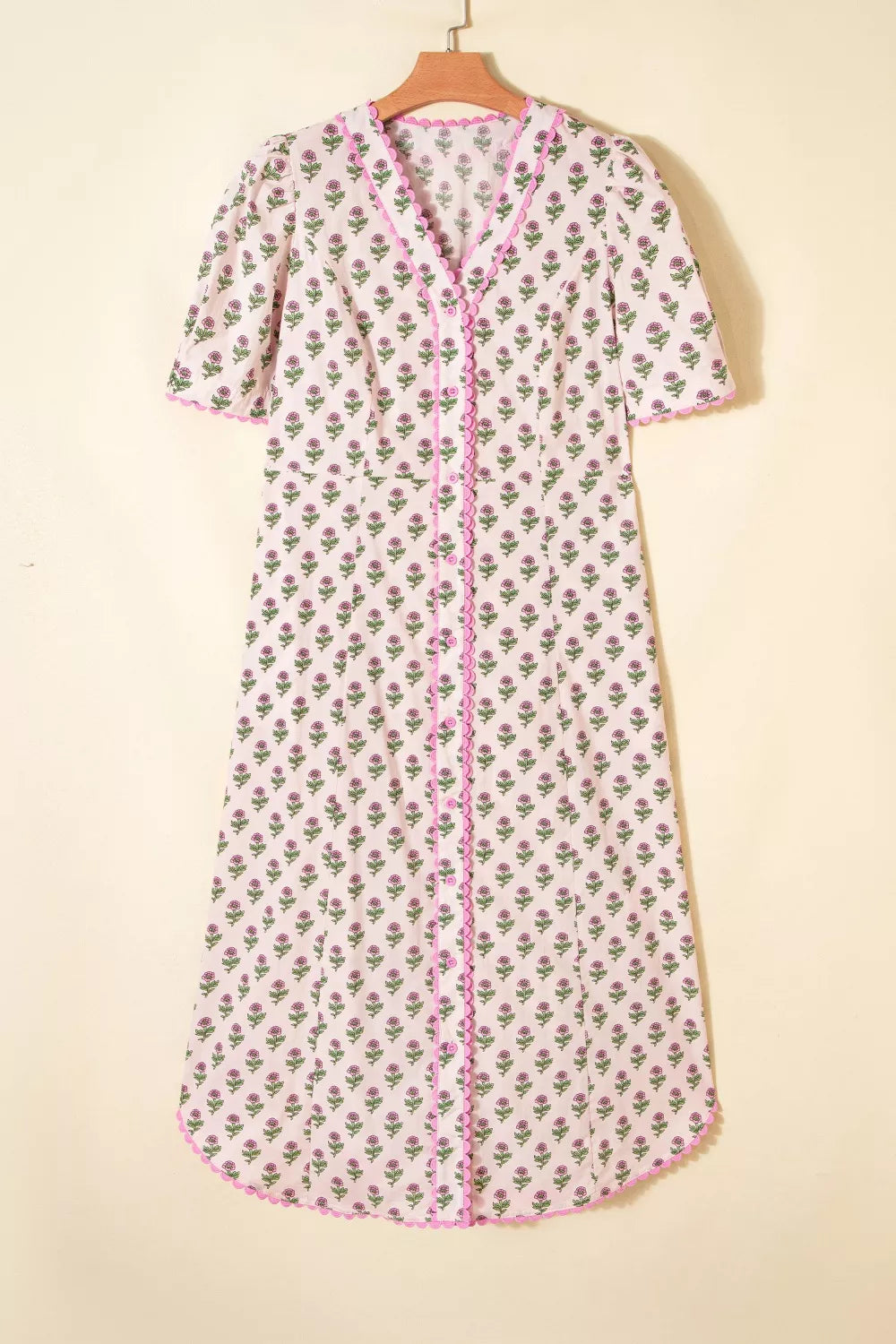 Hazel Blues® | Floral Print V Neck Scallop Trim Button Front Short Sleeve Dress