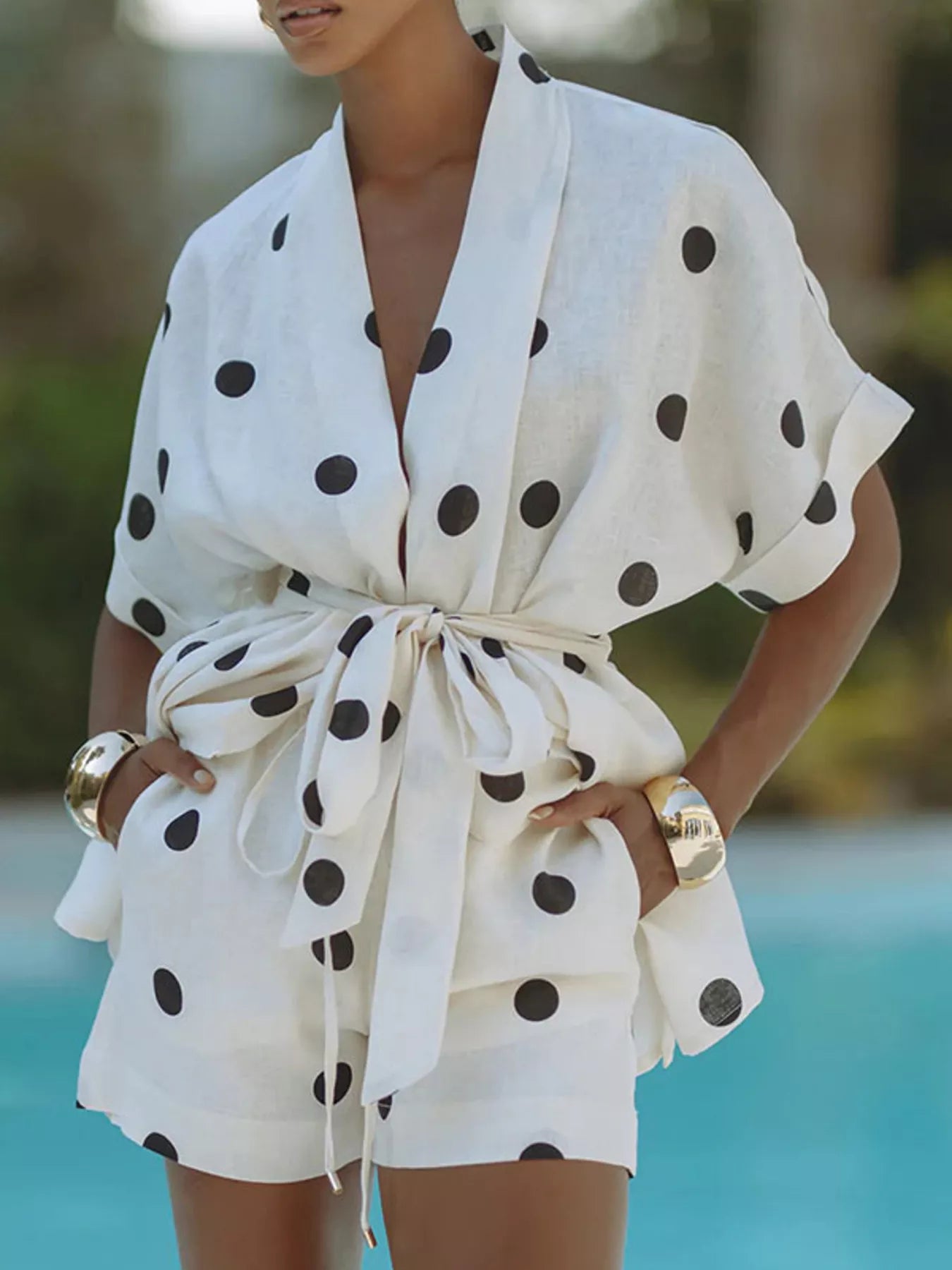 Hazel Blues® | Polka Dot Tie Waist Top and Shorts Set