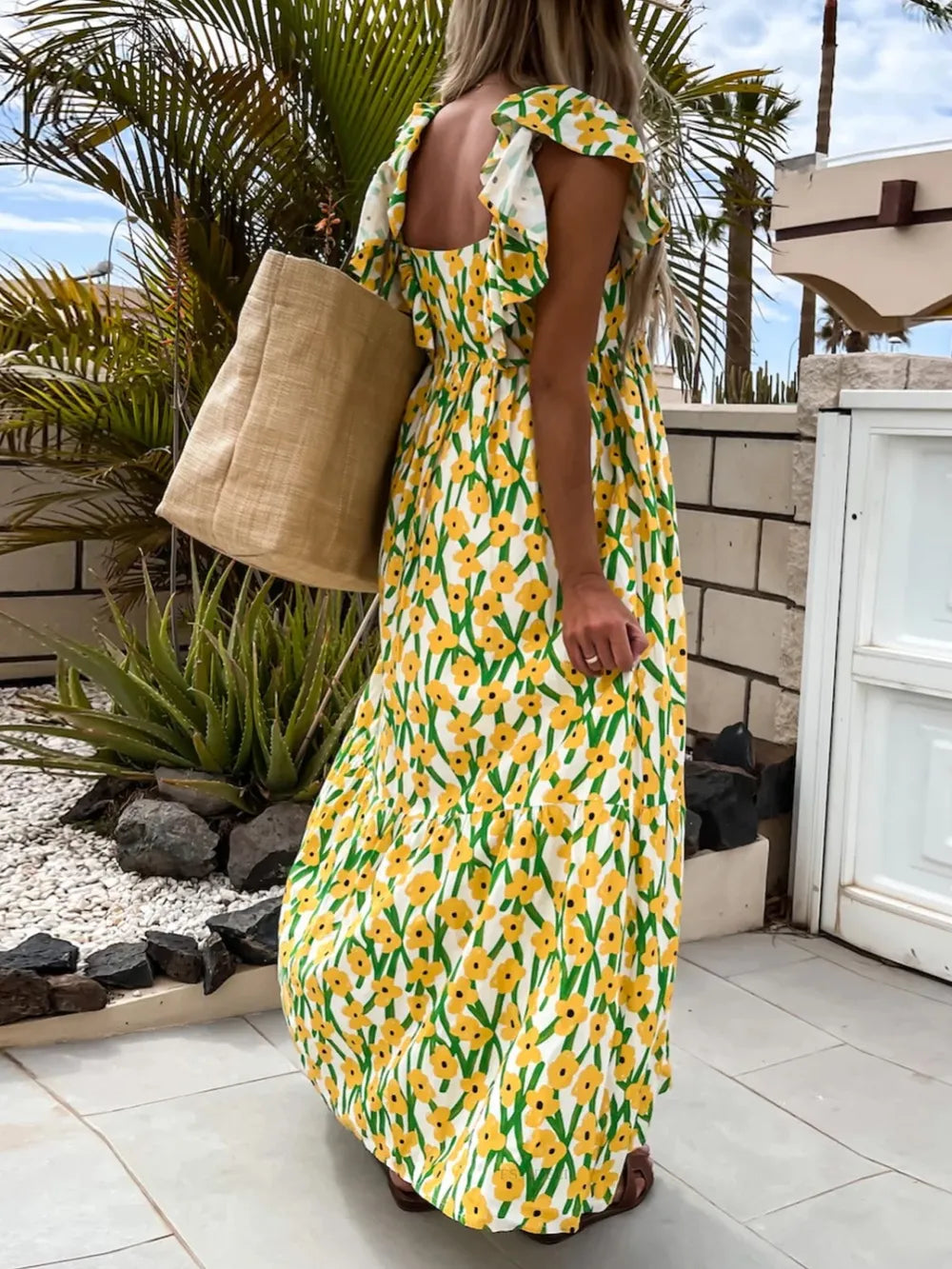 Hazel Blues® | Ruffled Printed Cap Sleeve Midi Dress