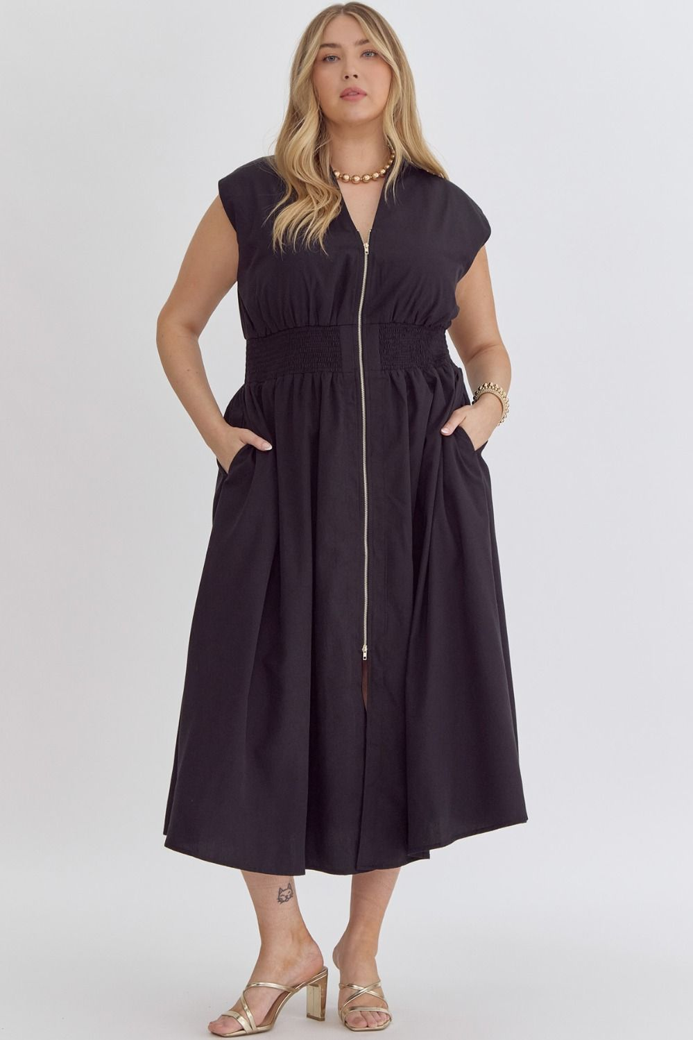 Hazel Blues® | Solid V-Neck Sleeveless Dual Zipper Midi Dress in Black