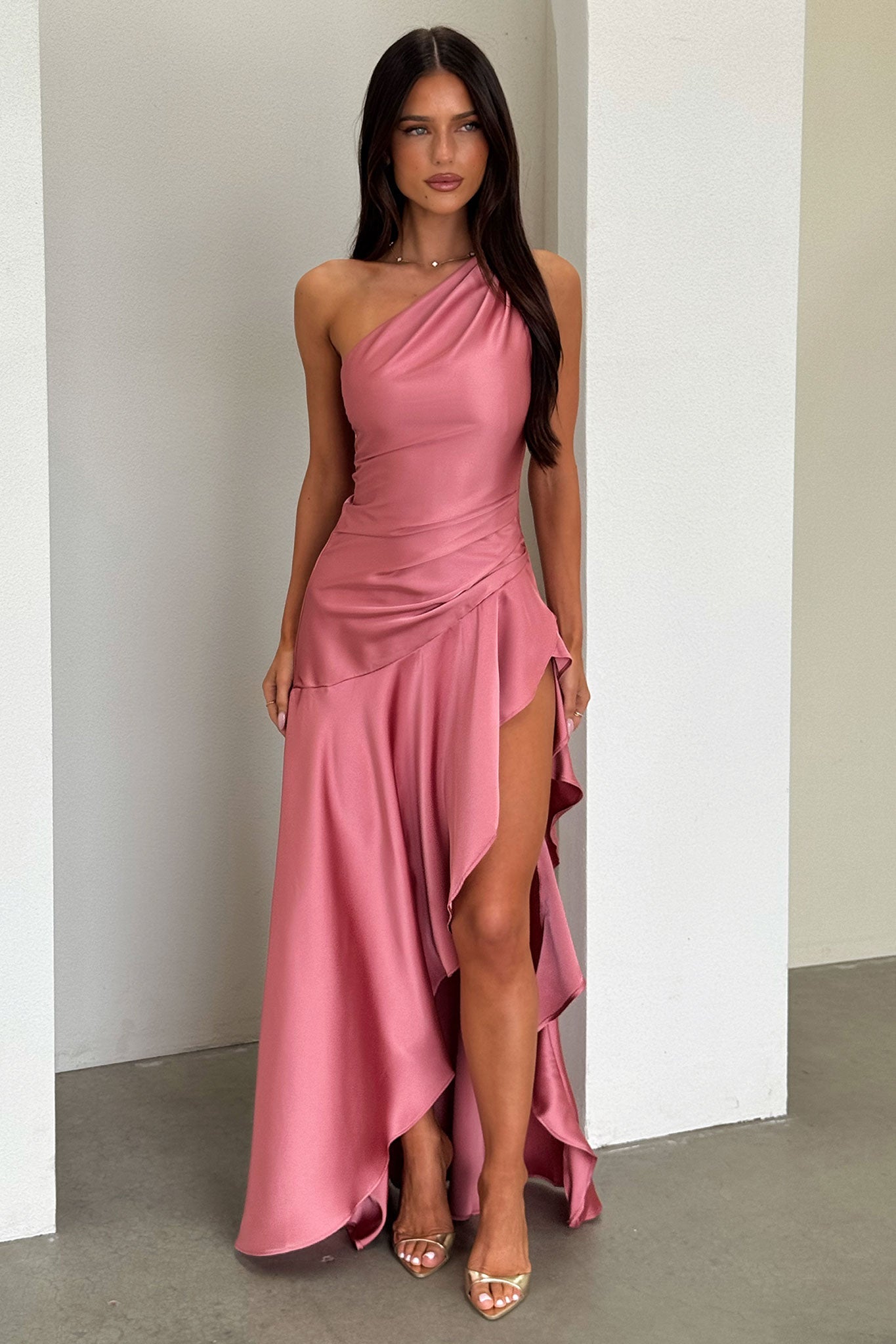 Leni One Shoulder Satin Maxi Dress - Rose