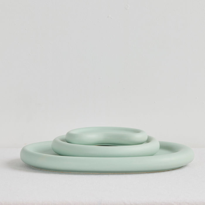 Pebble Medium Tray - Sage, soft sage green organic tray styled with two coordinating pebble-shaped trays