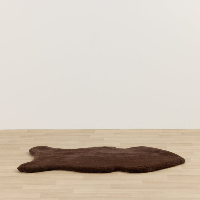 Brown rug on a wooden floor with a white wall background
