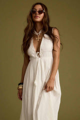 Turks Plunge White Gauze Maxi Dress