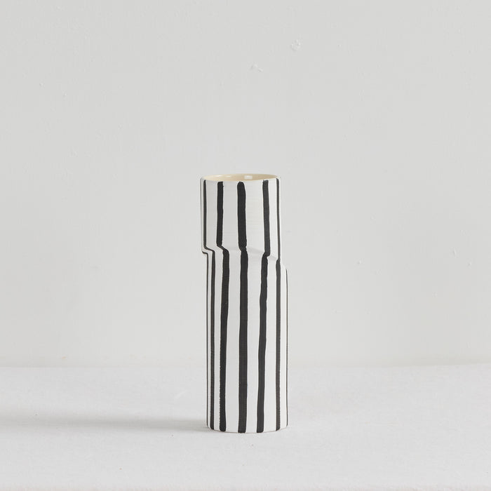 Twist Striped Tall Vase - White/Black, tall sculptural ceramic vase with hand-painted black vertical stripes and offset silhouette.
