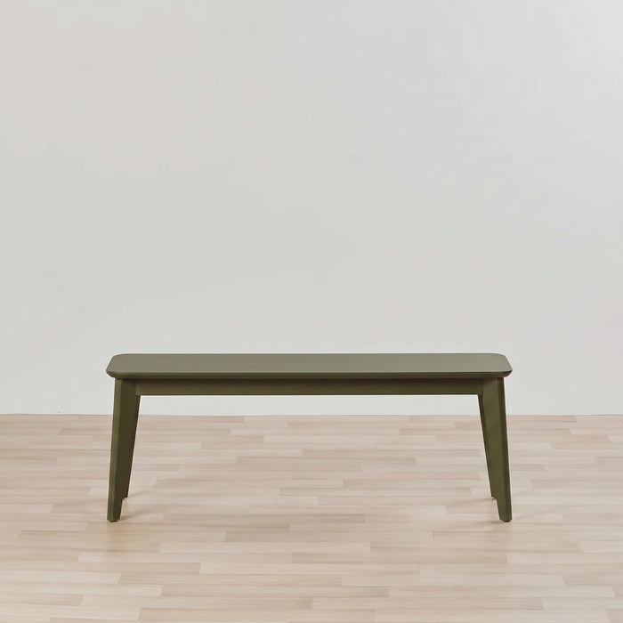 Whitby 120cm Bench - Green, retro-inspired green dining bench with solid rubberwood legs on light timber flooring