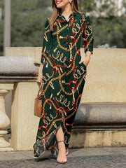 Print Lapel Button Long Sleeve Dress