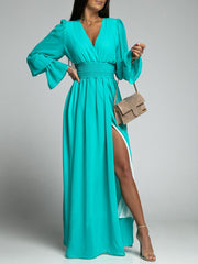 V-Neck Elastic Waist Long Slit Dress