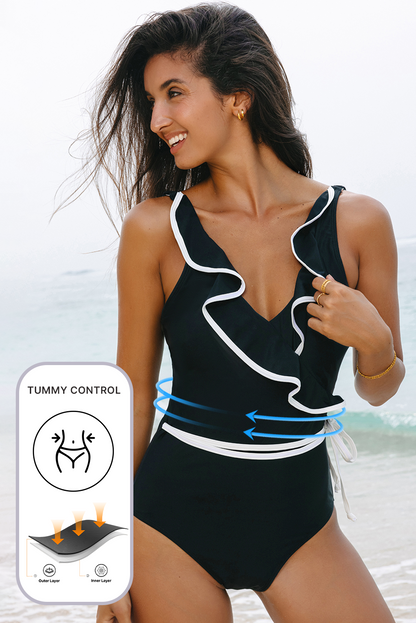 Hazel Blues® | Black Color Contrast Ruffled Wrap V Neck Swimsuit