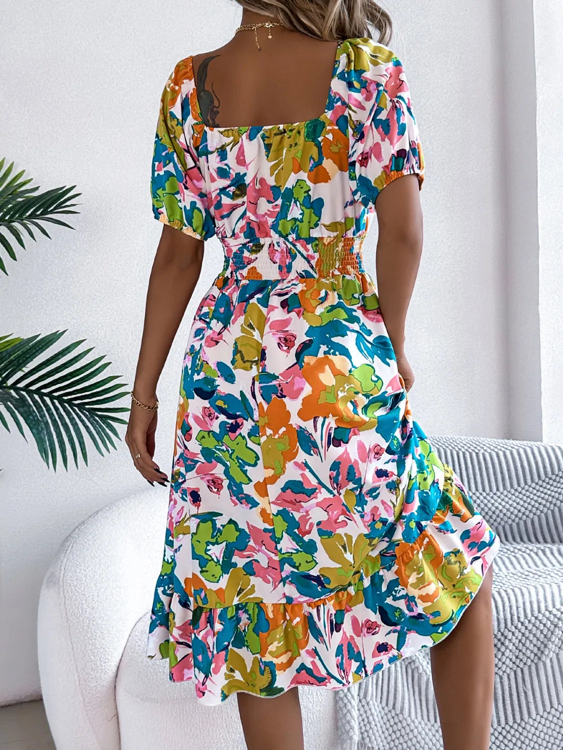 Hazel Blues® |  Ruffled Hem Smocked Floral Short Sleeve Midi Dress