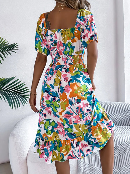 Hazel Blues® |  Ruffled Hem Smocked Floral Short Sleeve Midi Dress