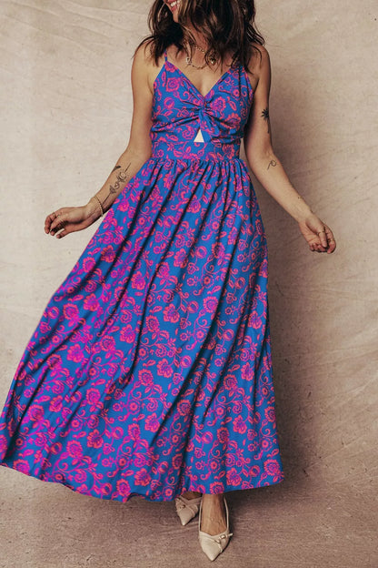 Hazel Blues® |  Floral Print Twisted V Neck Tied Backless Maxi Dress